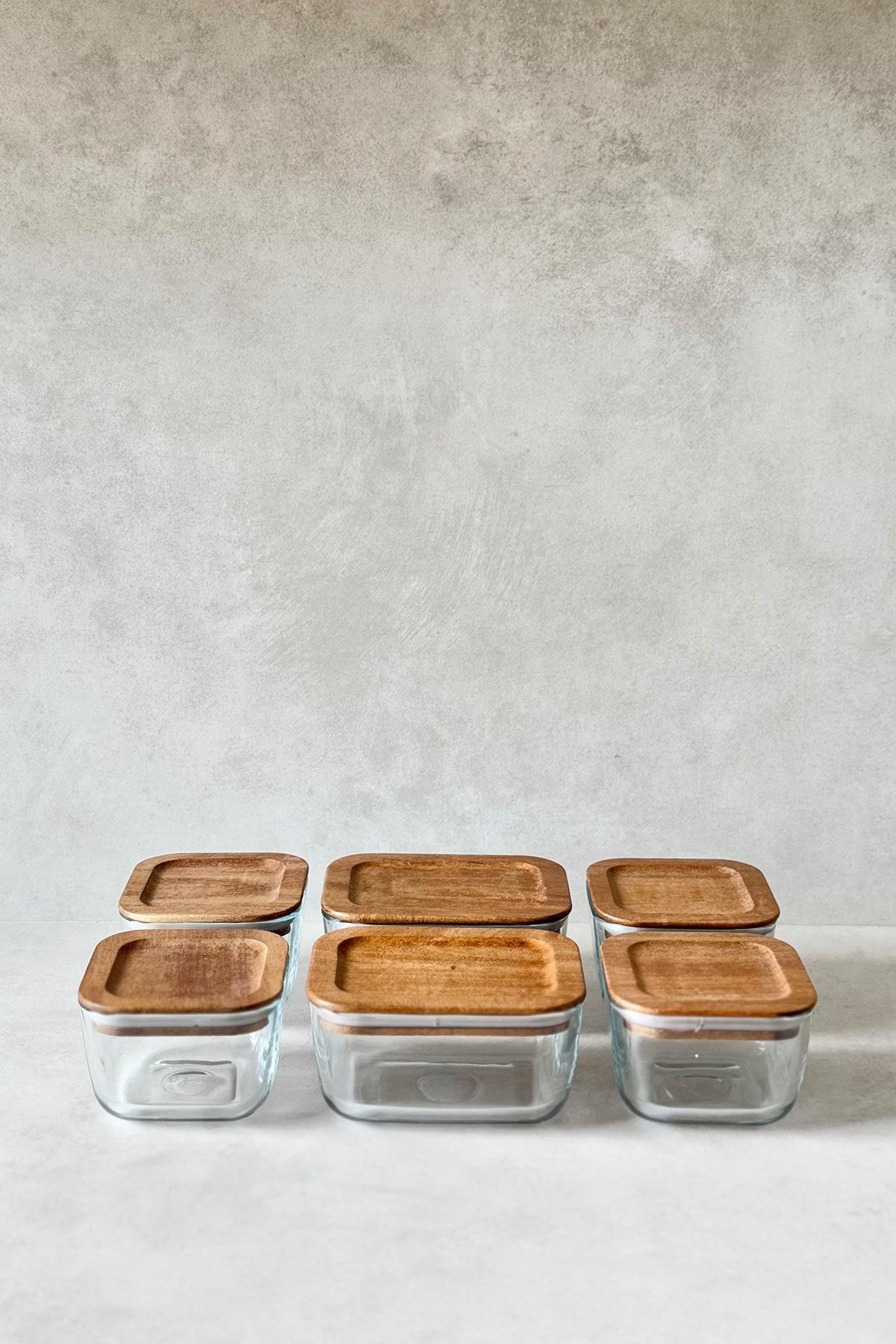 6'lı Akasya Vakum Kapaklı Kare/Dikdörtgen Cam Kahvaltılık Seti