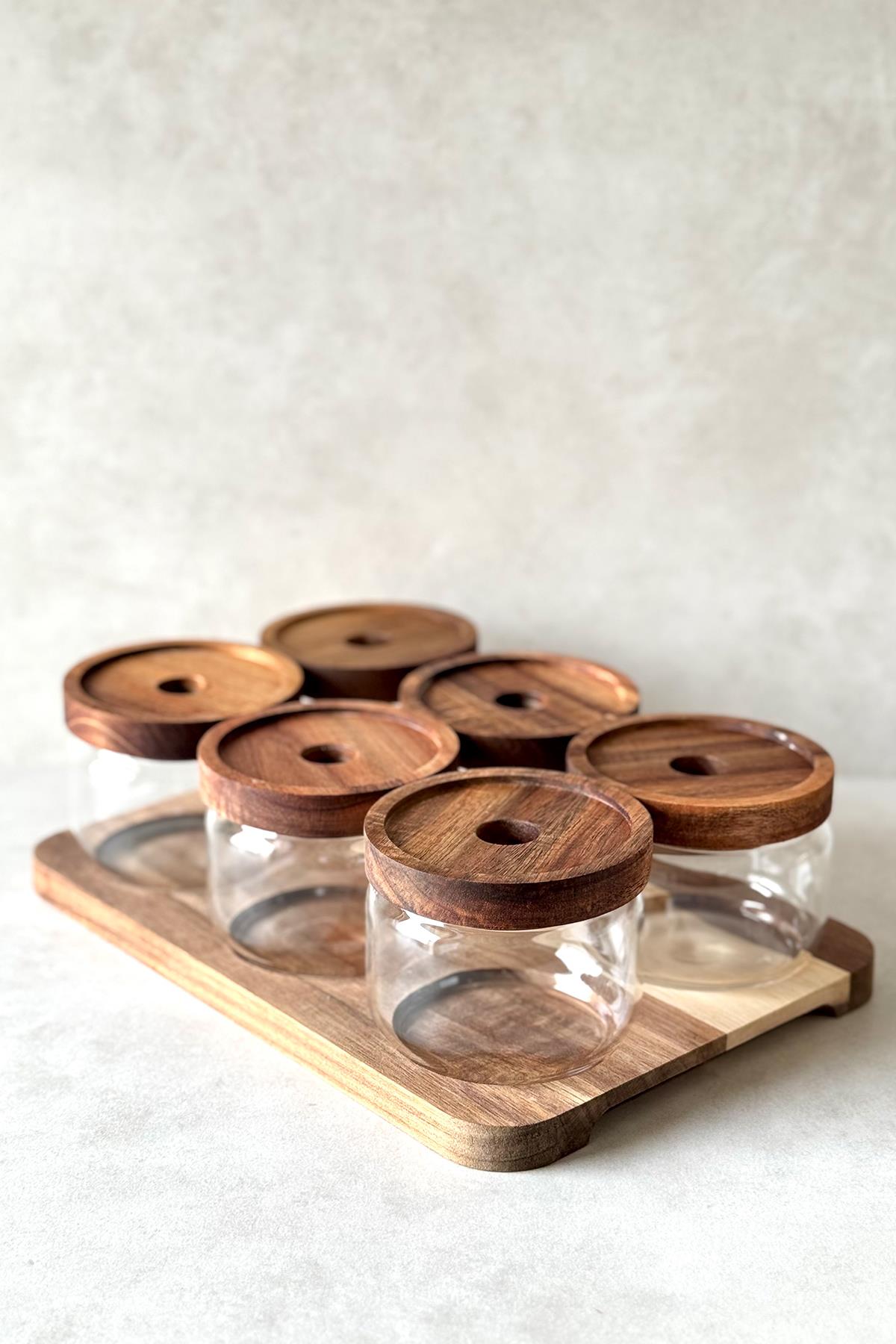 6'lı Standlı Yuvarlak Akasya Vakum Kapaklı Kahvaltılık Seti (Borosilikat Cam) DKRZ-687, one size