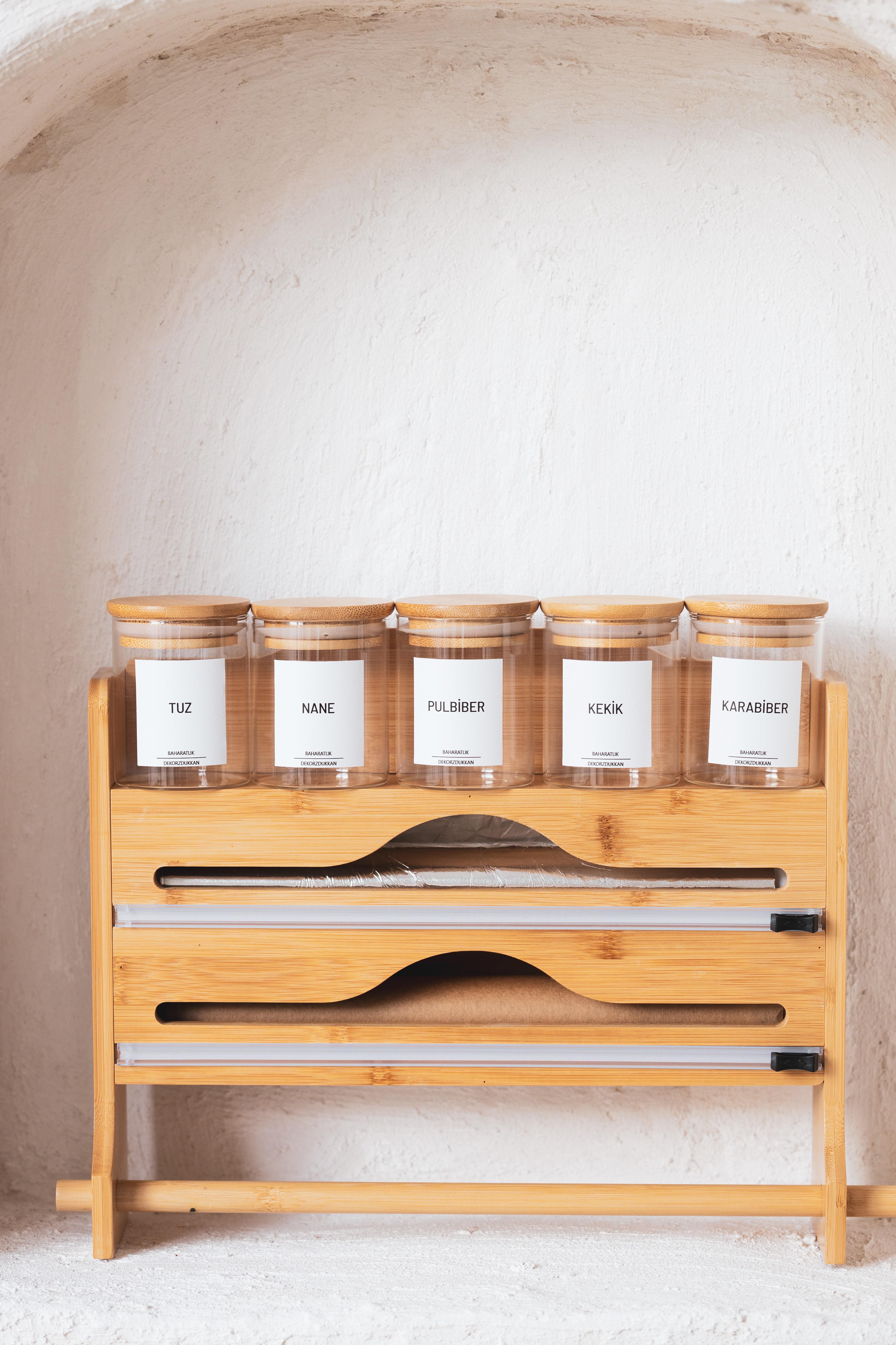 Bambu Fonksiyonel Raflı Streç Folyo kesme kutusu ve kağıt havlu askılığı