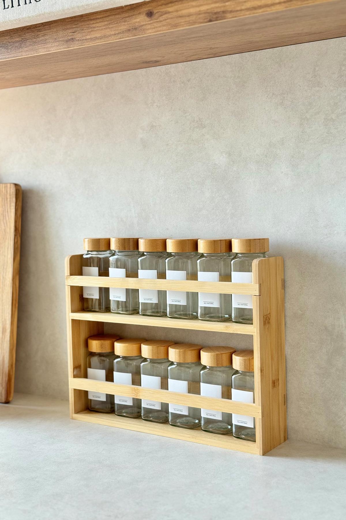 Bambu Standlı ve Bambu Kapaklı 12'li Kare Baharatlık Seti (25 adet etiket)