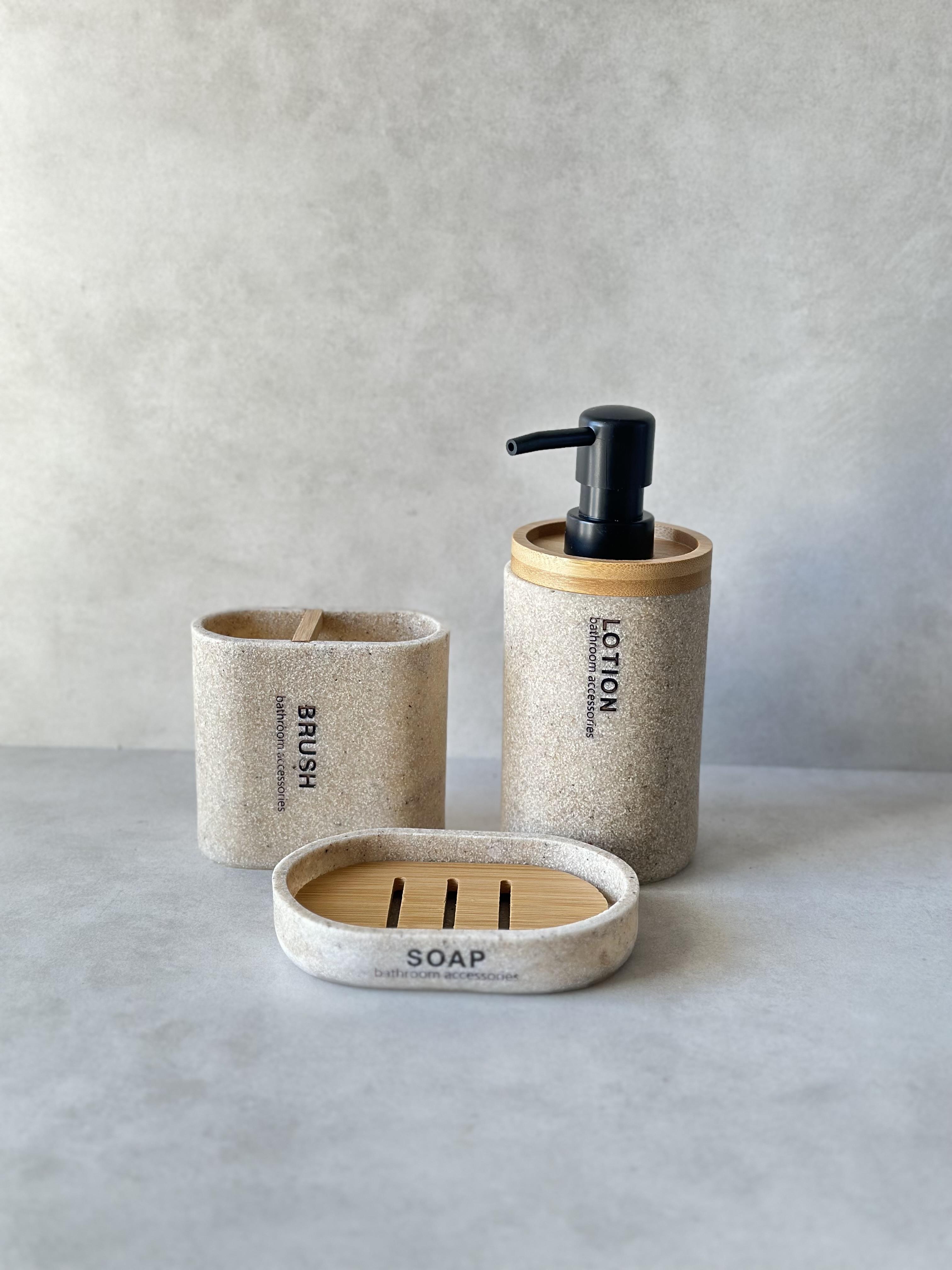 Bej Bambu Detaylı Banyo Seti (3 parça)