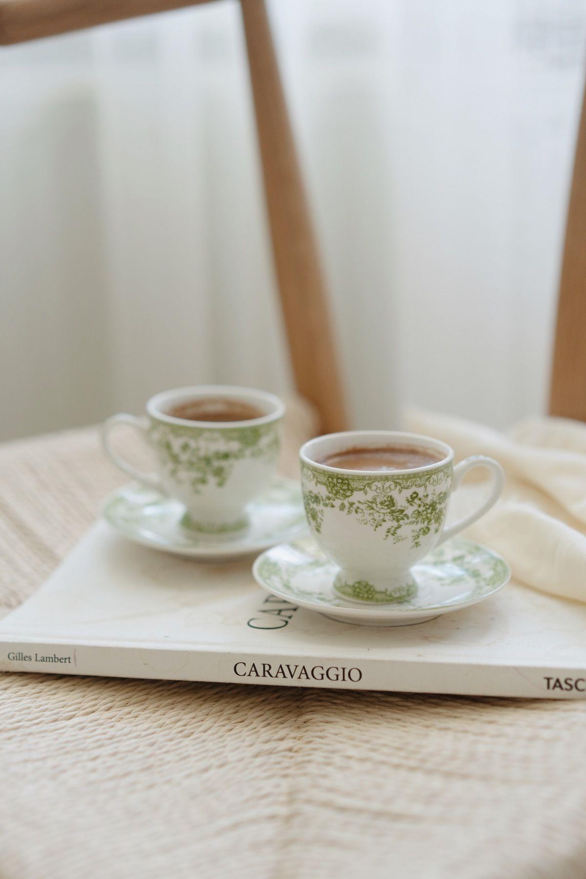 İkili Vintage Desenli Porselen Kahve Fincan Seti ( Yeşil ) DKRZ-770, one size