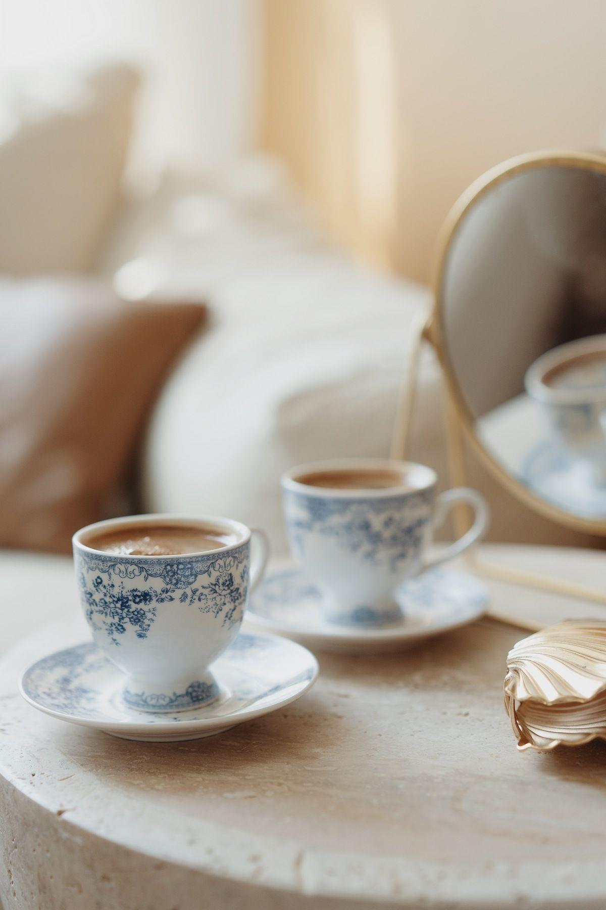 İkili Vintage Desenli Porselen Kahve Fincan Seti ( Mavi )