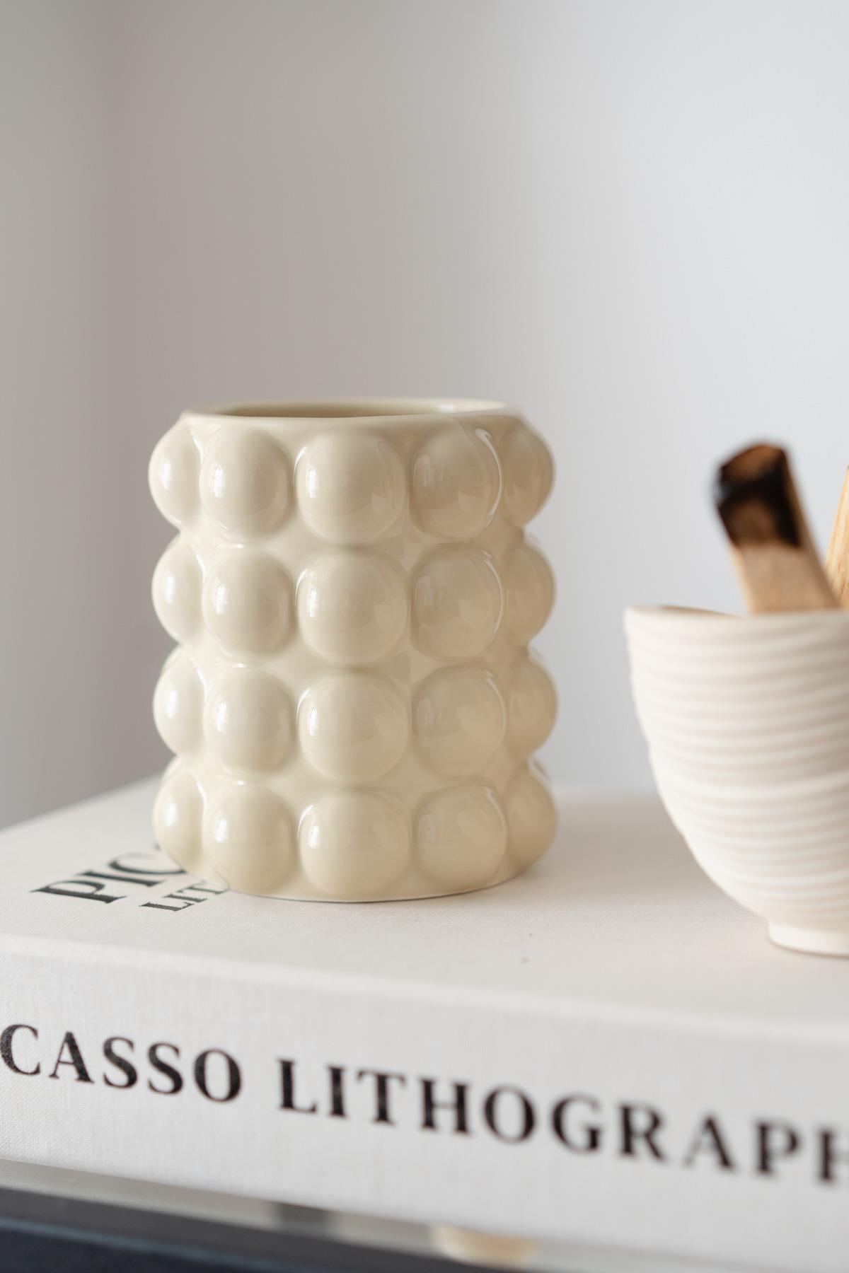 Krem Mini Bubble Seramik Vazo (9x10cm)