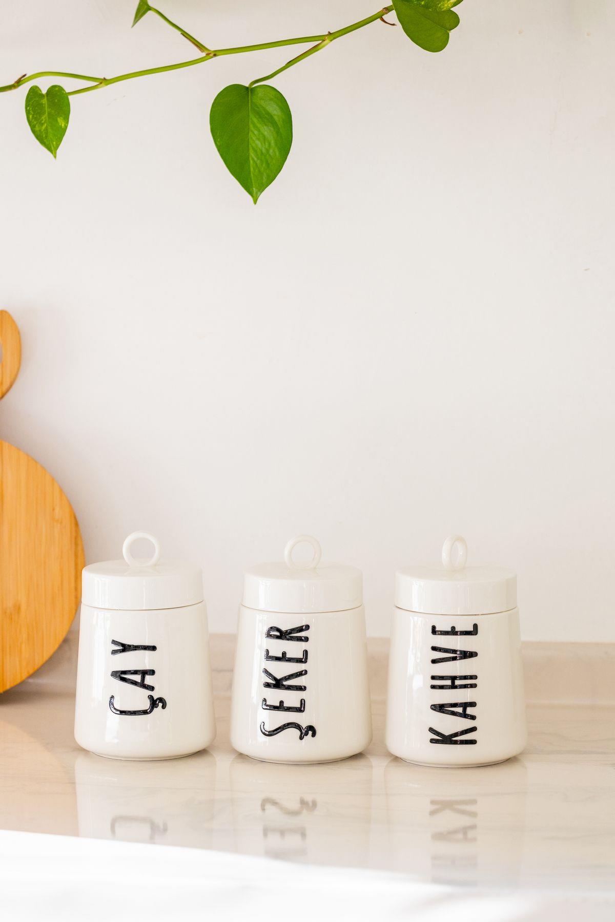 Ring 3'lü Porselen Büyük Boy Kavanoz Seti (6 adet Etiket)