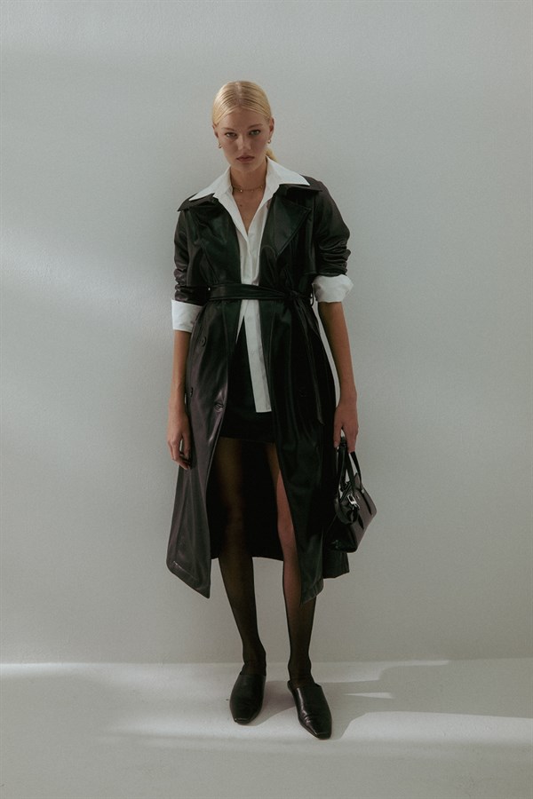 Aller Parça Deri Trençkot Siyah