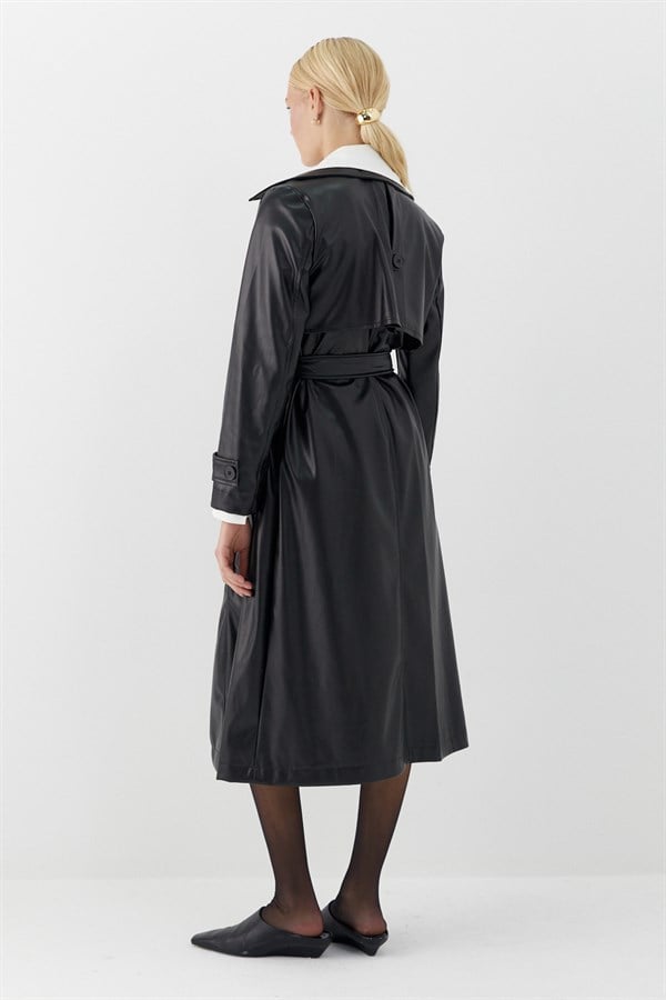 Aller Parça Deri Trençkot Siyah