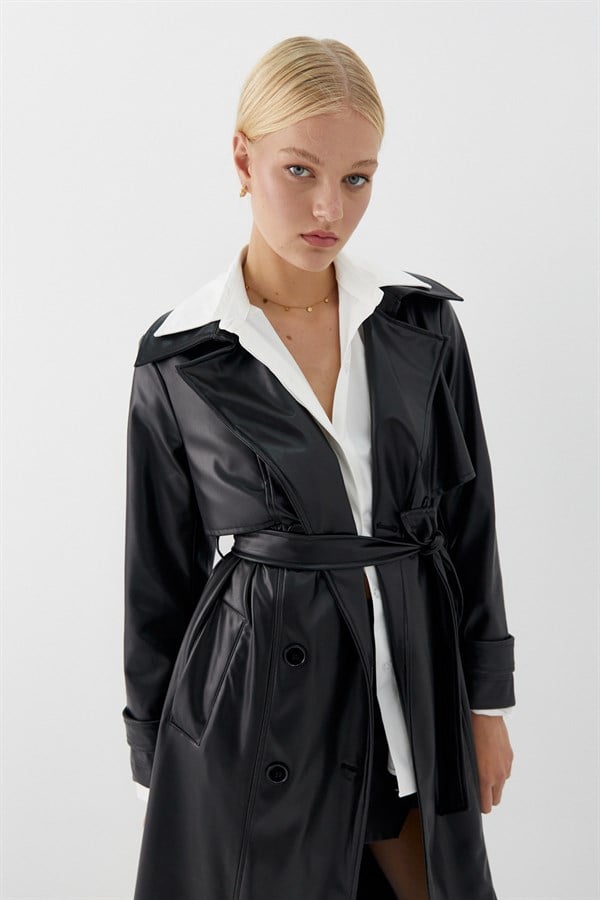 Aller Parça Deri Trençkot Siyah