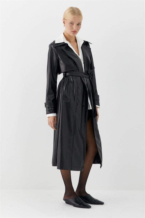 Aller Parça Deri Trençkot Siyah