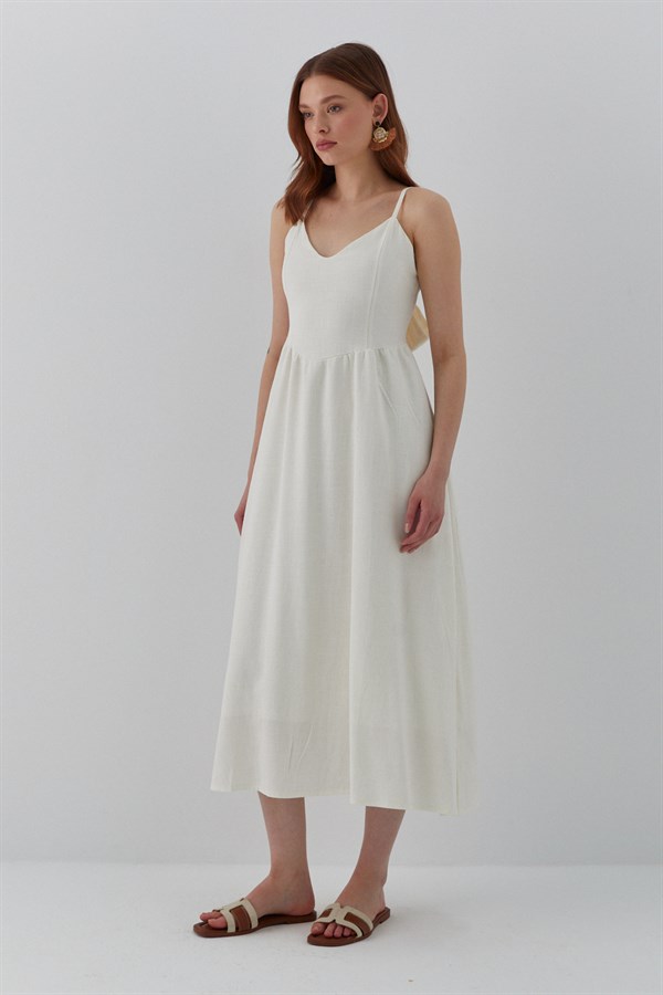 Arkadan Bağlamalı Askılı Midi Elbise Ekru