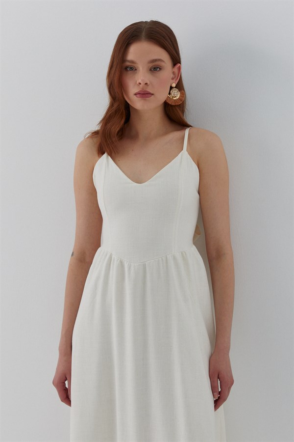 Arkadan Bağlamalı Askılı Midi Elbise Ekru