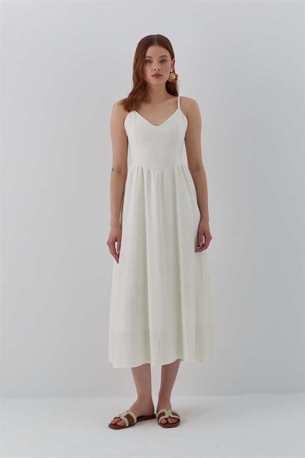 Arkadan Bağlamalı Askılı Midi Elbise Ekru