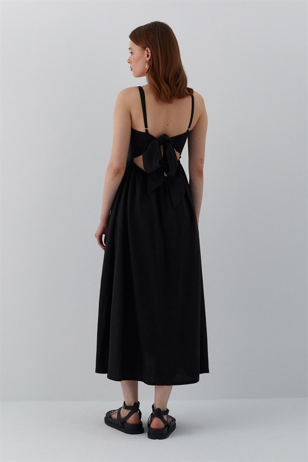 Arkadan Bağlamalı Askılı Midi Elbise Siyah