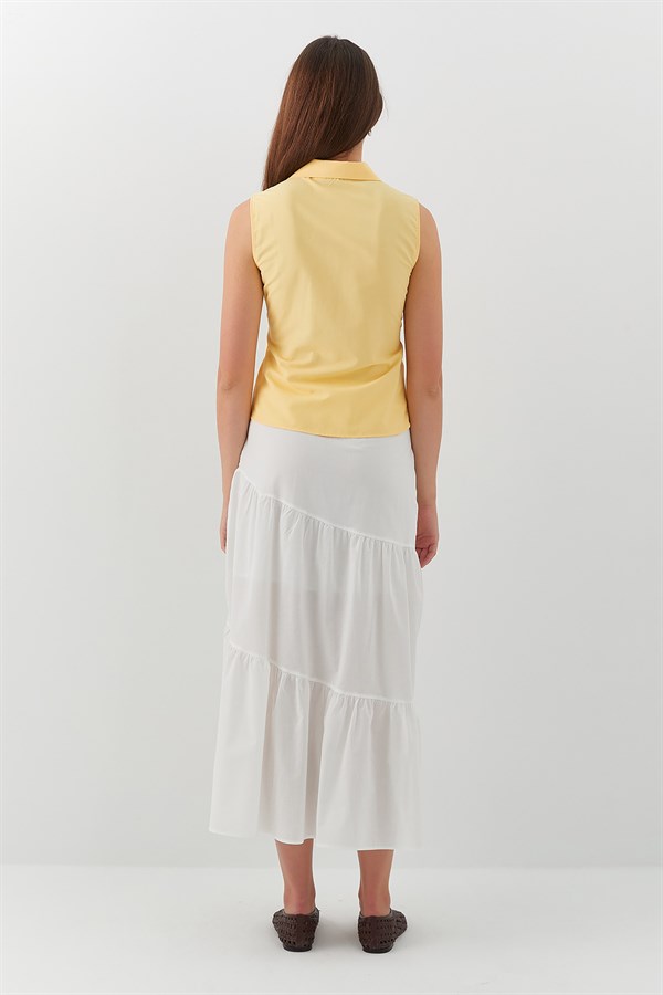 Asimetrik Katlı Midi Etek Ekru