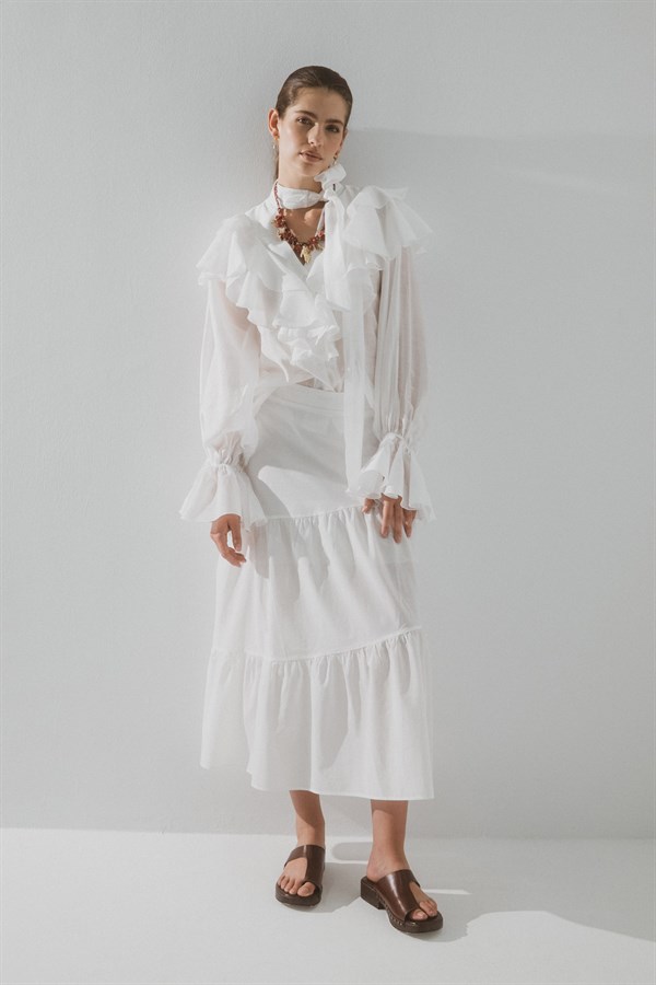 Asimetrik Katlı Midi Etek Ekru