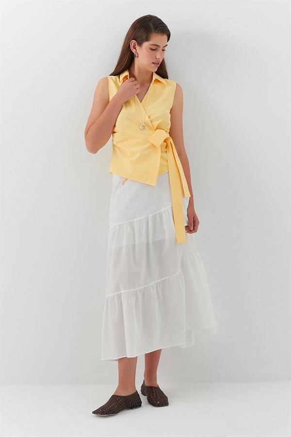 Asimetrik Katlı Midi Etek Ekru