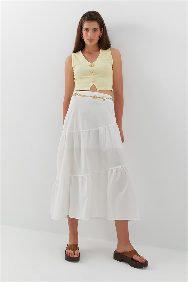Asimetrik Katlı Midi Etek Ekru