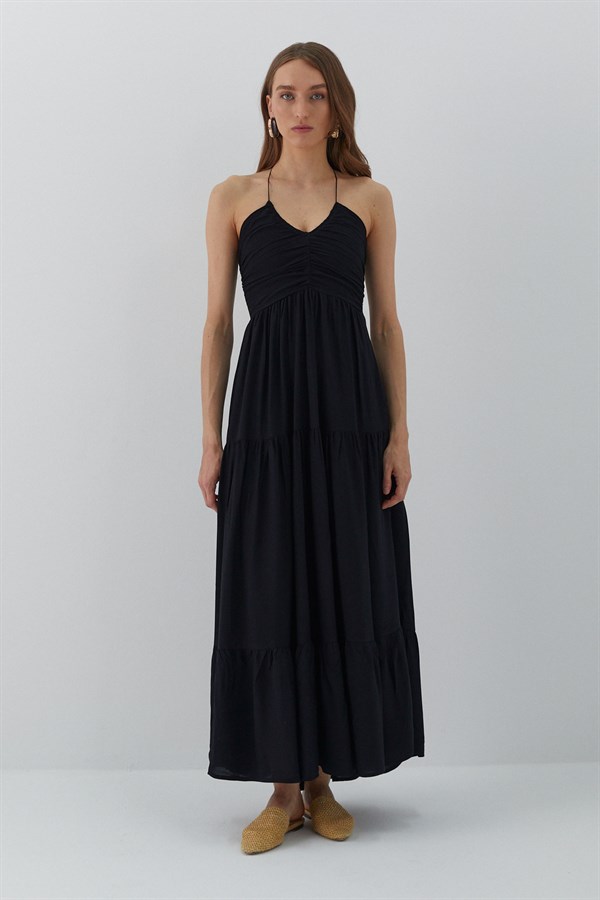 Askılı Büzgü Detaylı Elbise Siyah