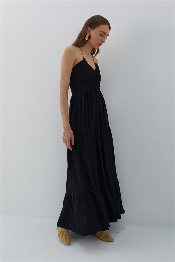 Askılı Büzgü Detaylı Elbise Siyah