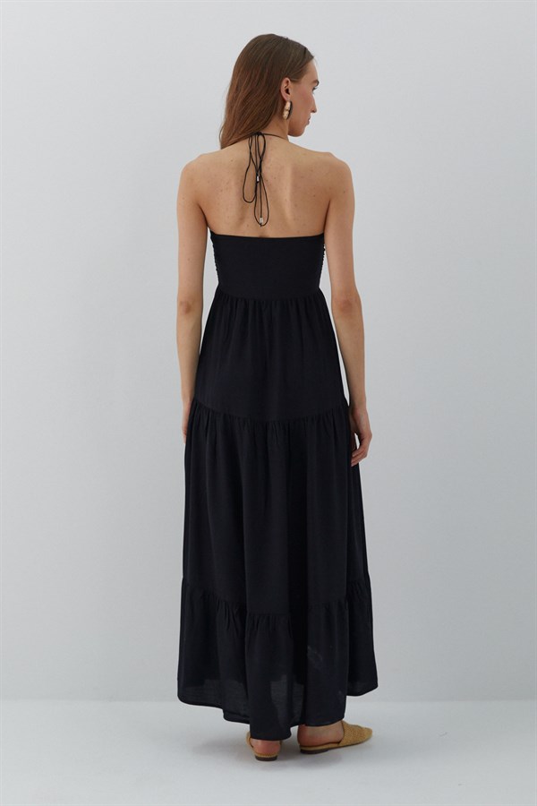 Askılı Büzgü Detaylı Elbise Siyah