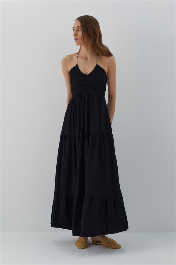 Askılı Büzgü Detaylı Elbise Siyah