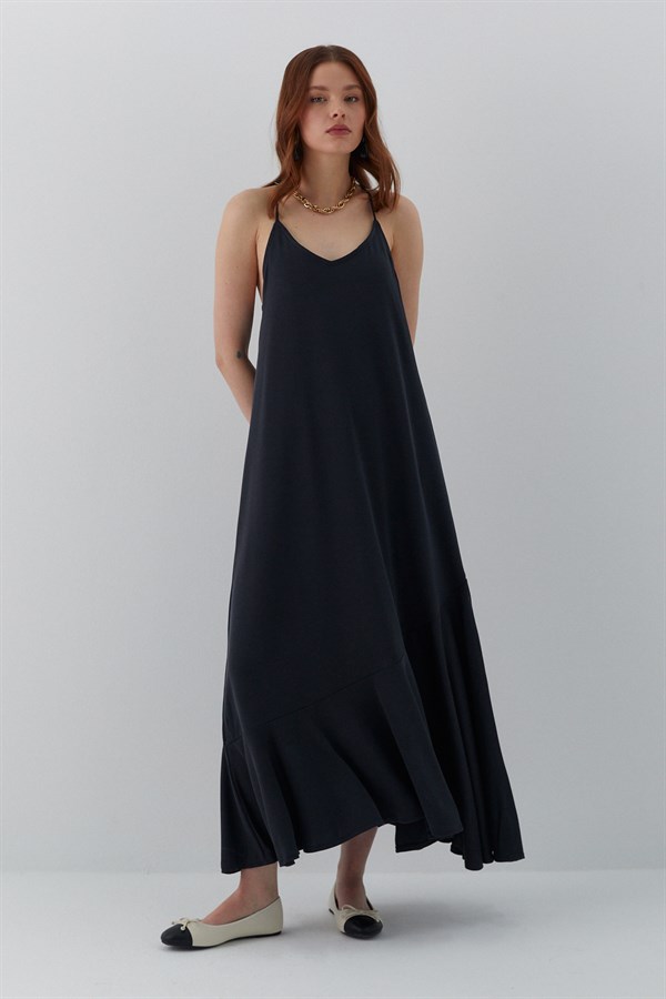 Askılı Volan Detaylı Maksi Elbise Siyah