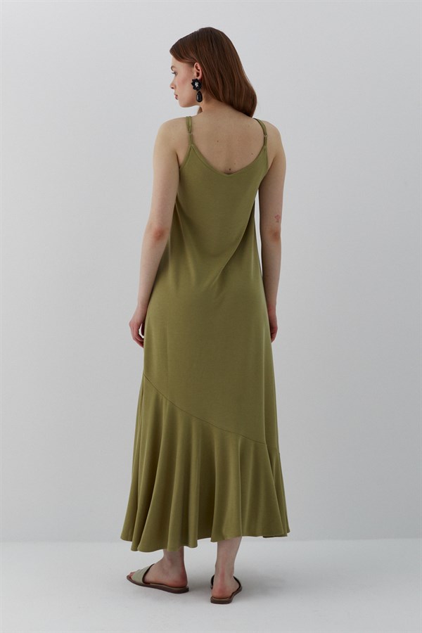 Askılı Volan Detaylı Maksi Elbise Yağ Yeşili