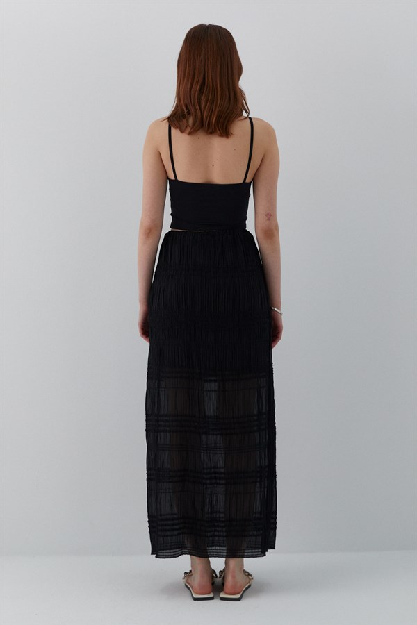 Astarlı Büzgü Detaylı Uzun Şifon Etek Siyah