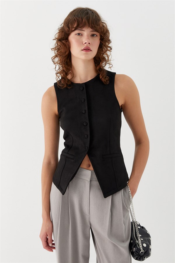 Bağlama Detaylı Süet Yelek Siyah