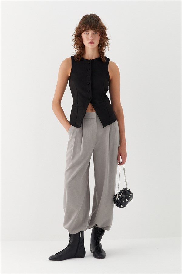 Bağlama Detaylı Süet Yelek Siyah