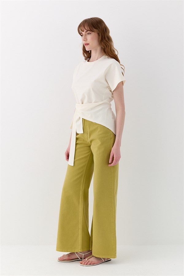 Bağlamalı Oversize İnterlok Bluz Ekru