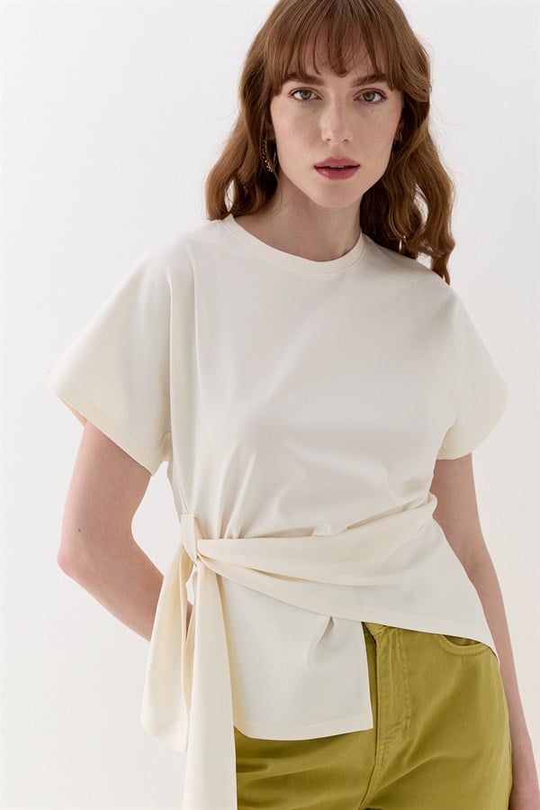 Bağlamalı Oversize İnterlok Bluz Ekru