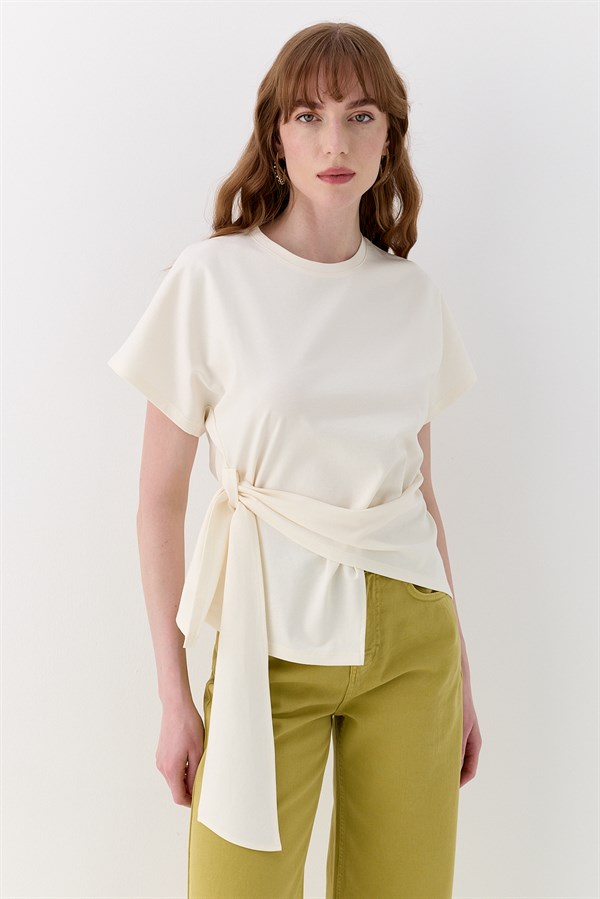 Bağlamalı Oversize İnterlok Bluz Ekru