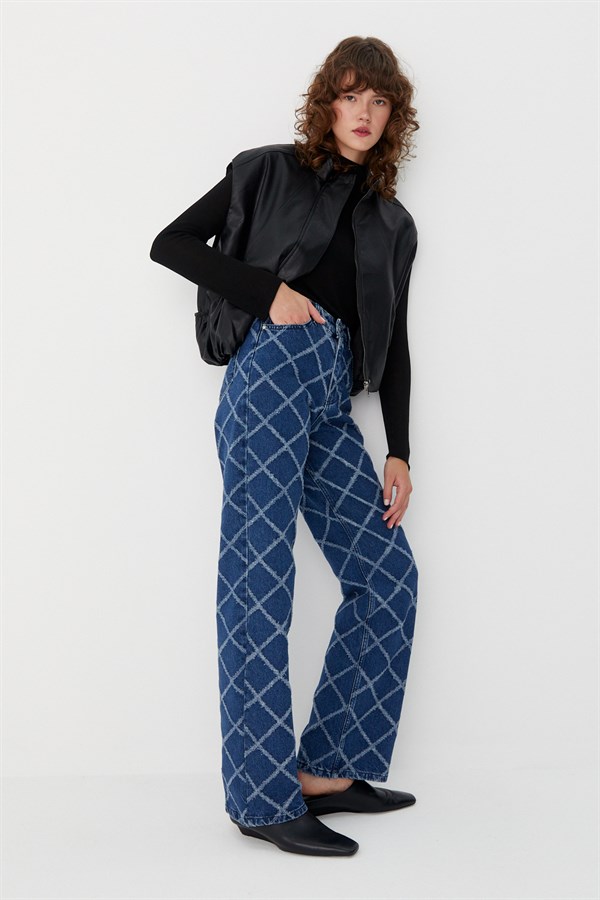 Baklava Desen Jean Pantolon Mavi