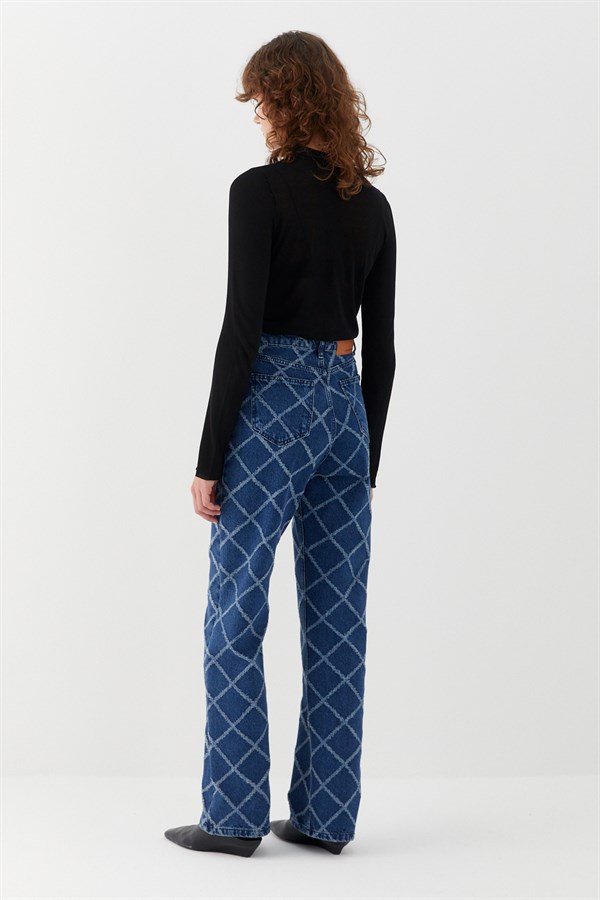 Baklava Desen Jean Pantolon Mavi