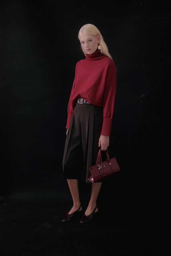 Balıkçı Yaka Oversize Triko Kazak Bordo