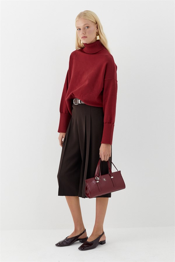 Balıkçı Yaka Oversize Triko Kazak Bordo