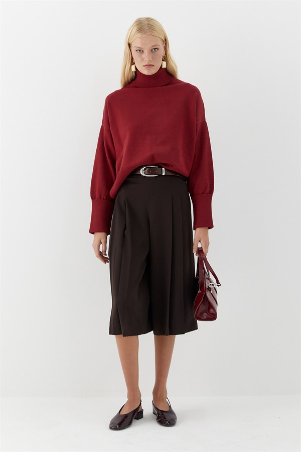 Balıkçı Yaka Oversize Triko Kazak Bordo