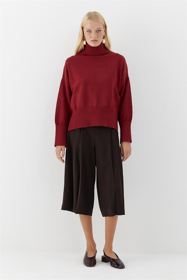 Balıkçı Yaka Oversize Triko Kazak Bordo