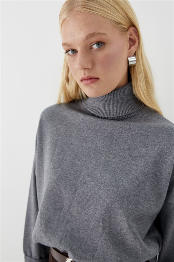 Balıkçı Yaka Oversize Triko Kazak Gri
