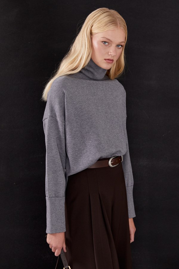 Balıkçı Yaka Oversize Triko Kazak Gri