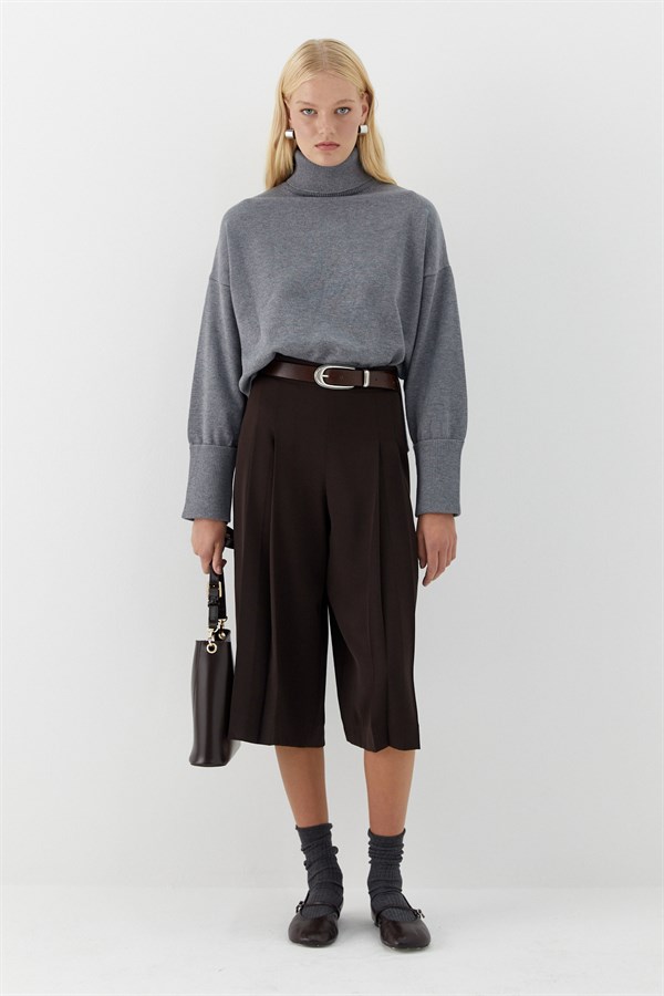 Balıkçı Yaka Oversize Triko Kazak Gri