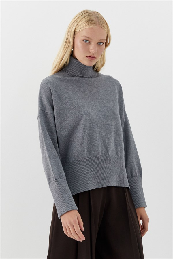 Balıkçı Yaka Oversize Triko Kazak Gri