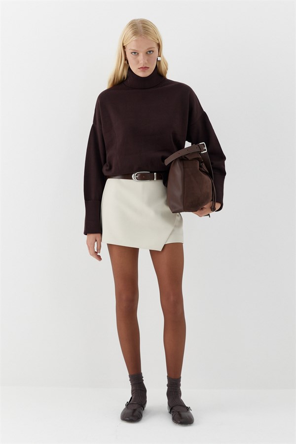 Balıkçı Yaka Oversize Triko Kazak Kahverengi