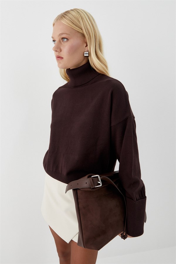 Balıkçı Yaka Oversize Triko Kazak Kahverengi