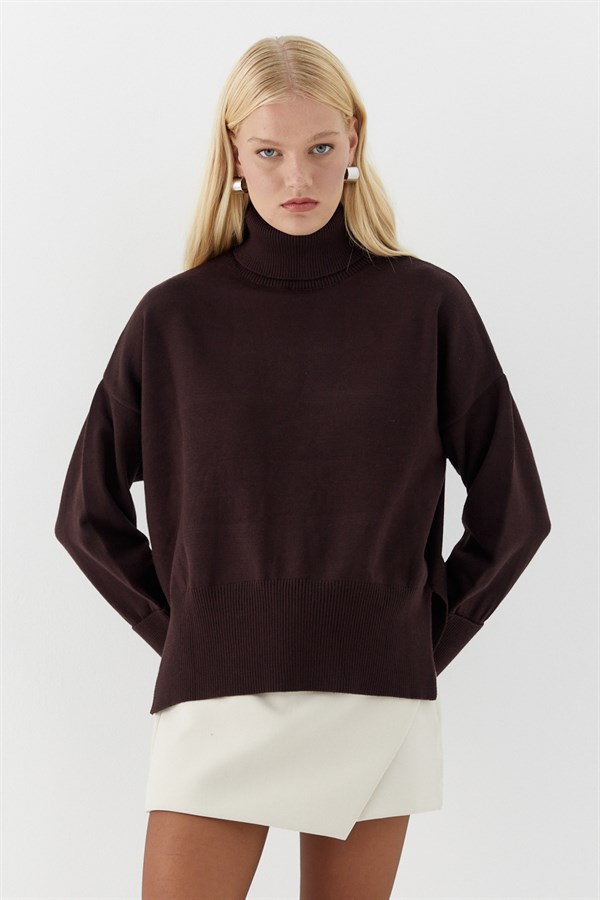 Balıkçı Yaka Oversize Triko Kazak Kahverengi