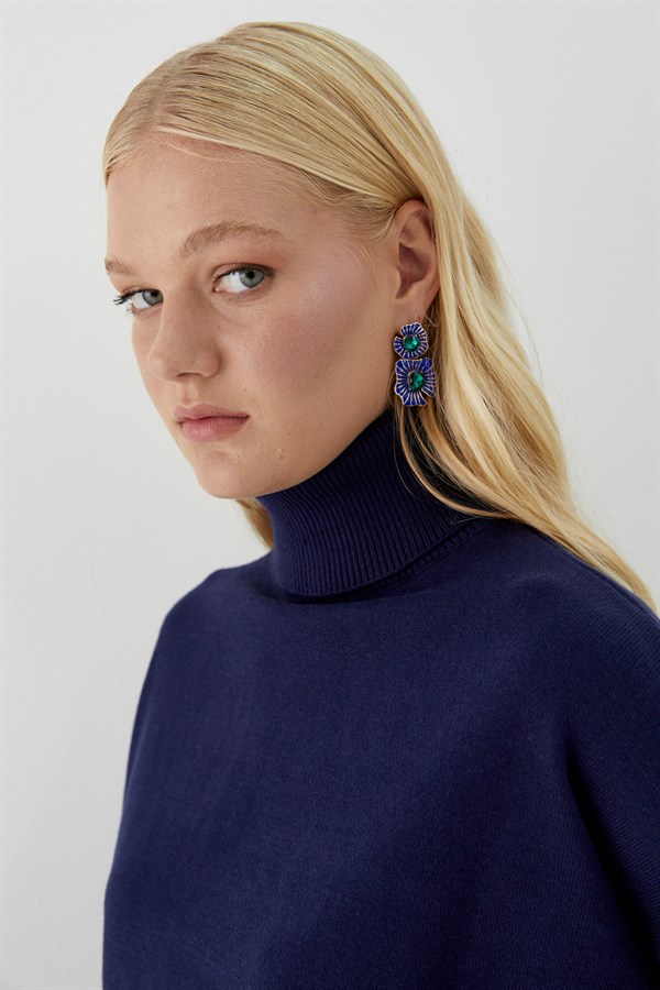 Balıkçı Yaka Oversize Triko Kazak Lacivert