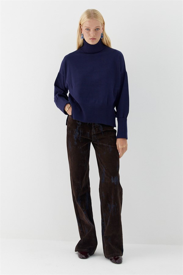 Balıkçı Yaka Oversize Triko Kazak Lacivert