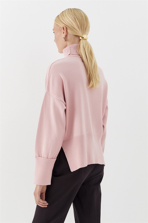 Balıkçı Yaka Oversize Triko Kazak Pembe