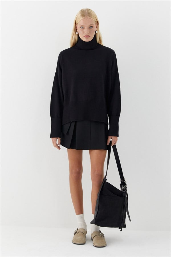 Balıkçı Yaka Oversize Triko Kazak Siyah